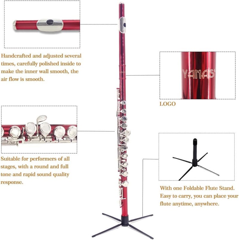 YANASON Red C Flute Closed Hole 16 Keys Flute Nickel-Plated for Beginner, Student and Professionals with Carrying case, Metal stand, Gloves, Tuning Rod, Cleaning kit(Red) - Image 4